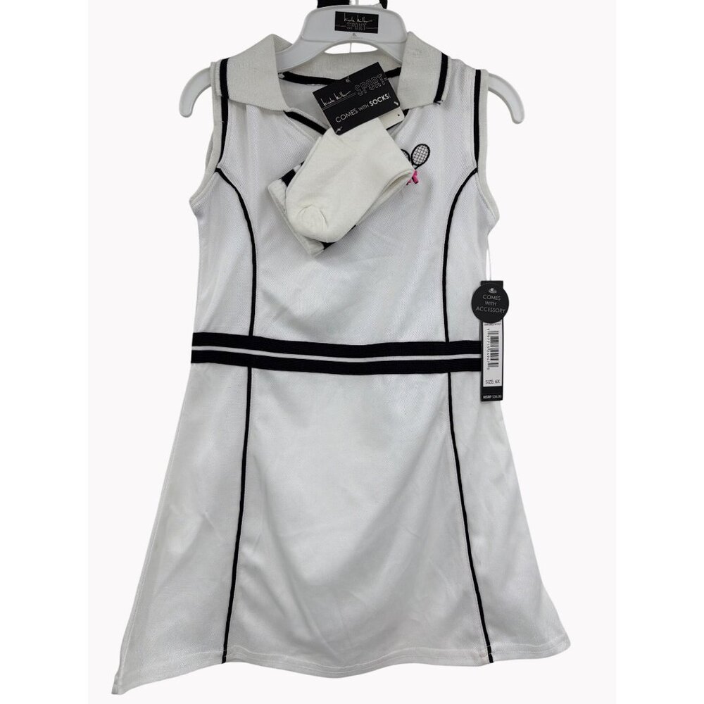 Nicole Miller Sport Girls White Tennis Dress W/ Socks Size 6X Embroidered Racket